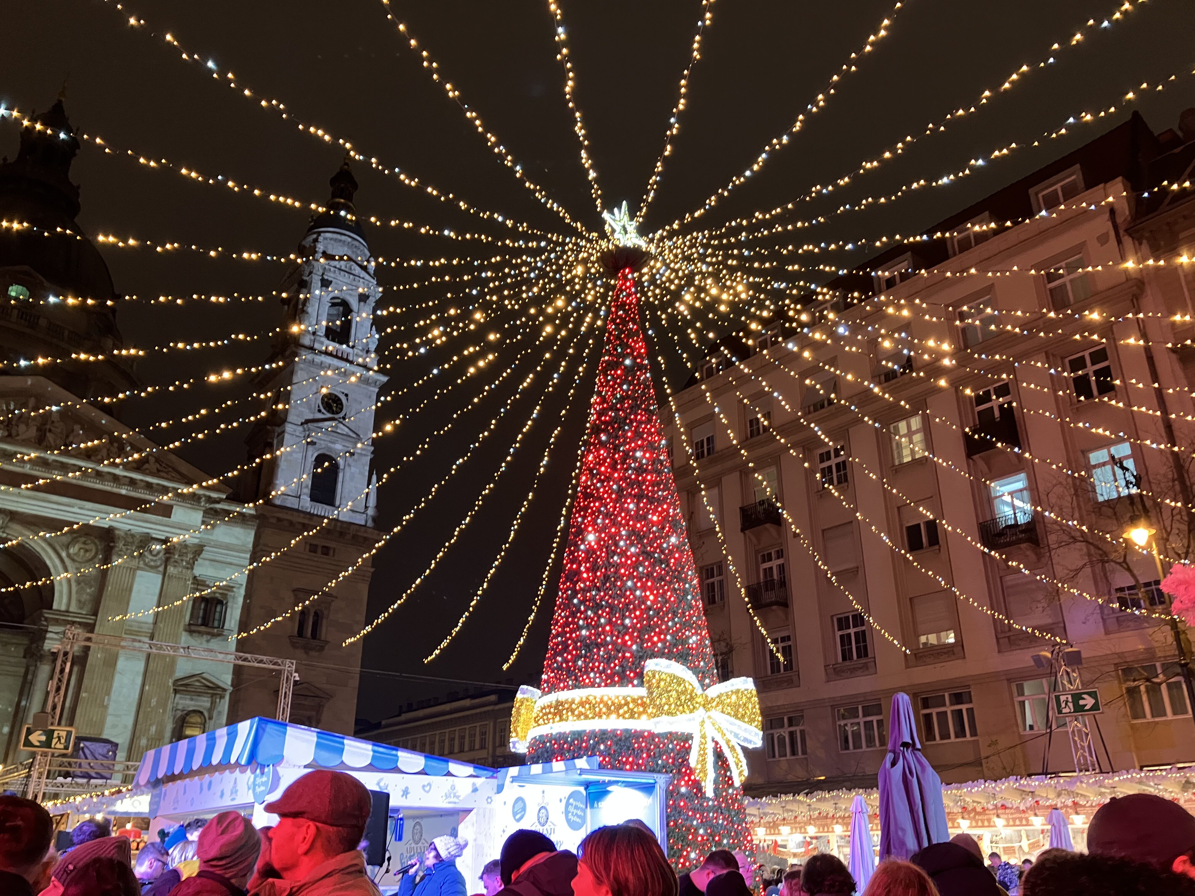 ブダペストのクリスマスマーケットを彩る大きなツリーと夜の街並み