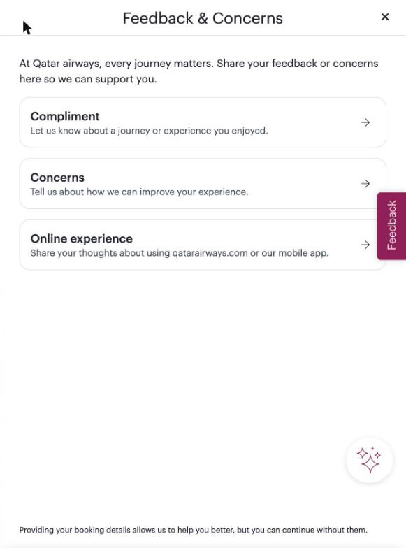 カタール航空の問い合わせ画面。ComplimentとConcernsとOnline experienceの3つから選ぶ